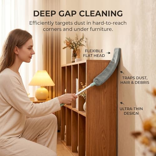 Sakerplus Baseboard Cleaner Tool with Handle Duster with Extension Pole, Bendable Microfiber Dusting Wand, Under Appliance Crevice Dust Remover for Sofa, Cabinet Top and Fan Gaps (1)