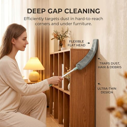Sakerplus Baseboard Cleaner Tool with Handle Duster with Extension Pole, Bendable Microfiber Dusting Wand, Under Appliance Crevice Dust Remover for Sofa, Cabinet Top and Fan Gaps (1)
