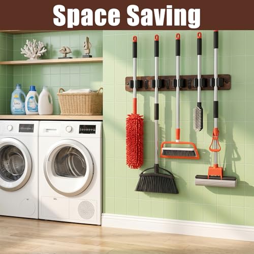 2 Pack Broom Holder Wall Mount Rustic Wood Broom Hanger Wall Mount With 5 Slots And 4 Hooks Mop And Brooms Organizer Walls Hanging For Laundry Rooms Garage Kitchen Closet Decor Brown