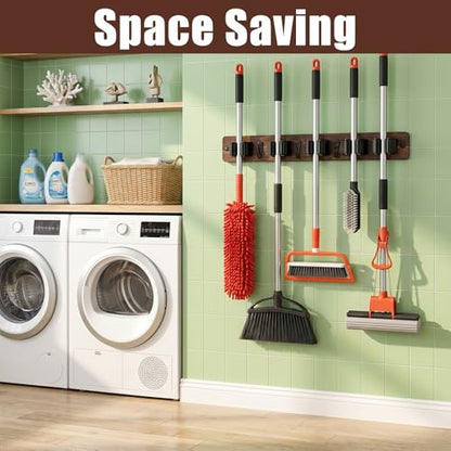 2 Pack Broom Holder Wall Mount Rustic Wood Broom Hanger Wall Mount With 5 Slots And 4 Hooks Mop And Brooms Organizer Walls Hanging For Laundry Rooms Garage Kitchen Closet Decor Brown