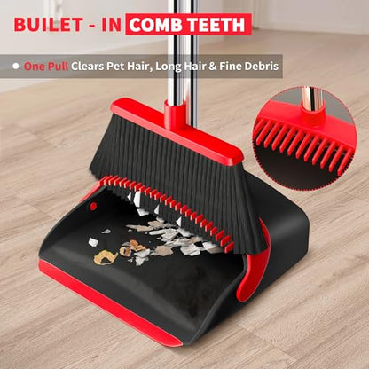 Broom with Dustpan Combo Set, Dust Pans with Long Handle for Upright Sweeping, Standing Broom and Dustpan Set with Self-Cleaning Teeth for Home, Kitchen & Office Floors(Red & Black) - color: Red & Black
