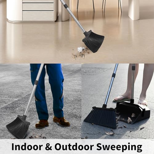 Tiumso 3-Pack Upright Broom with Dustpan Combo Set, Commercial Broom and Dustpan Set, Industrial Brooms and Dust Pan with Long Handle for Restaurant Kitchen Shop Warehouse Lobby Garage - Black - color: All Black
