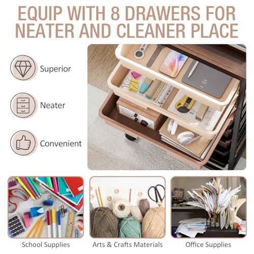 TOOLF Rolling Carts with Wheels, 8-Drawer Utility Cart, Wooden Tabletop Storage Cart for Office, Arts & Crafts, Classroom, Bedroom, Brown - color: Brown