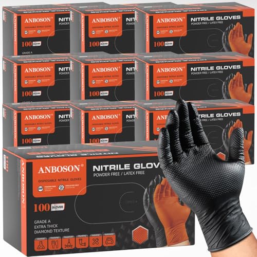 ANBOSON 10mil Nitrile-Gloves Disposable - Chemical-Resistant Rubber - Mechanic Gloves Heavy Duty, Latex Free, Diamond Grip (1000,Black Medium) - color: Black-1000, size: Medium