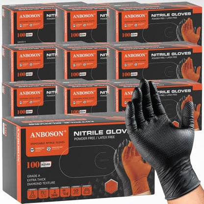ANBOSON 10mil Nitrile-Gloves Disposable - Chemical-Resistant Rubber - Mechanic Gloves Heavy Duty, Latex Free, Diamond Grip (1000,Black Medium) - color: Black-1000, size: Medium