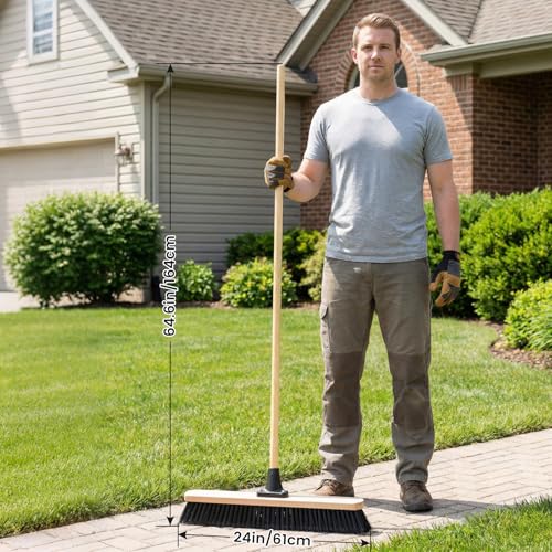 24-Inch Push Broom Set for Indoor & Outdoor Cleaning, Heavy Duty Sweeping Brooms with 61-Inch Solid Wood Handle, Soft & Stiff Bristle Combo for Garage, Shop, Patio & Home (2-Pack)