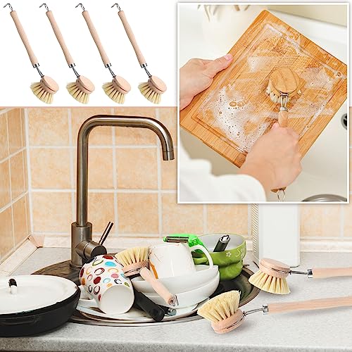 Maxdot 4 Pcs Kitchen Dish Brush with Beechwood Handle Natural Wooden Handle Scrub Brush Fiber Bristles Dish Scrub 2 Inch Replacement Brush Head for Pots Pans Utensils Washing Supplies