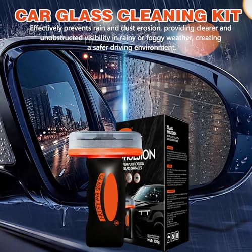 2PCS Glass Oil Film Remover for Car,Roll-On Glass Compound with Cleaning Board,Removes Oil Film & Smudges,Universal Anti-Rain Fog BrushOil Film Remover for Car Windshields(100g)