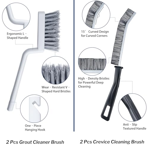 SIMPOR 4Pcs Grout Cleaner Brush Set, V Shape Grout Brush & Crevice Cleaning Brush, Stiff Tile Brush for Bathroom Kitchen Shower Floor Window Grout Cleaning Brush Gap Cleaning