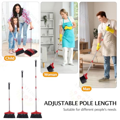 Broom and Dustpan Set with Long Handle, Light Weight Stainless Steel Poles Stand Upright Dustpans with Broom Combo for Home Kitchen Office Pet Dog Hair, Black & Red Color, 1-Pack - color: Red Black