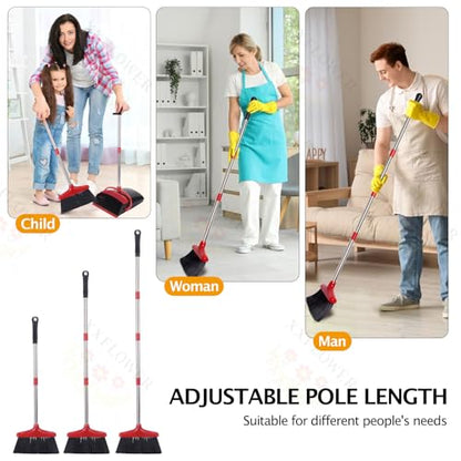 Broom and Dustpan Set with Long Handle, Light Weight Stainless Steel Poles Stand Upright Dustpans with Broom Combo for Home Kitchen Office Pet Dog Hair, Black & Red Color, 1-Pack - color: Red Black
