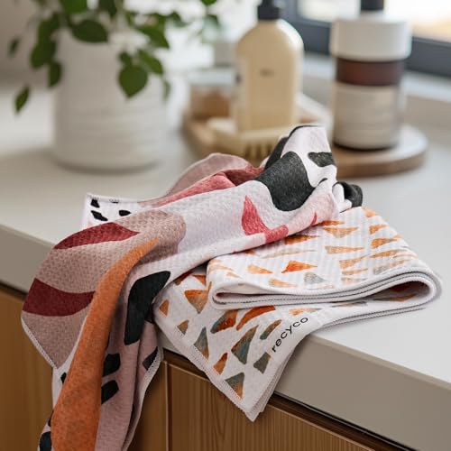 RECYCO Waffle Kitchen Towel Set of 2 - Quick Dry Microfiber Sustainable Dish Towels - Ultra Absorbent Reusable Cleaning Tea Towels - Lightweight Hand Towels,16”x 28”, Boho Oasis - color: Boho Oasis