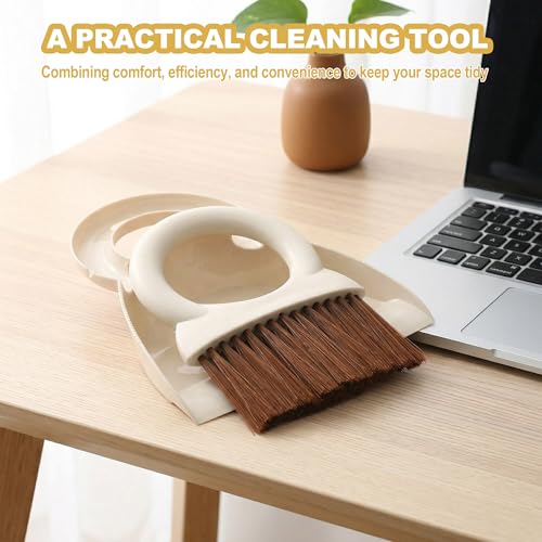 Mini Broom and Dustpan Set with Round Handle, Compact Small Hand Broom with Soft Bristles for Kitchen Counter, Desk, Drawer, Pet Area & Car Interior, Space-Saving Portable Cleaning Tool (Off-White) - color: Off-white