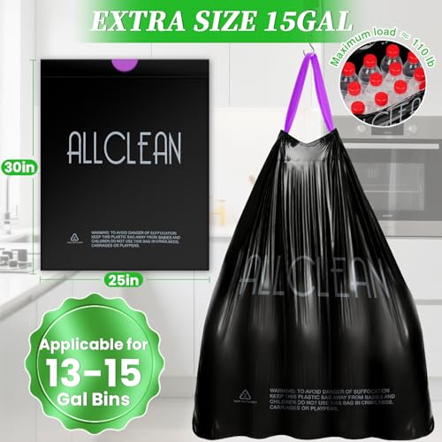 Trash Bags 15 Gallon Tall Kitchen Drawstring Garbage Bags,Fit 13-15 Gal Bins,Extra Strong&Leak-Proof,Unscented&Recyclable Trash Can Liners for Home Office Industrial Bathroom Garden Lawn(Black) - style: 13-15 Gallon-Black