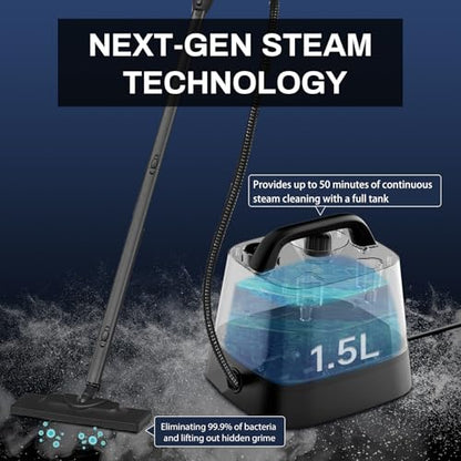 Steam Cleaner with 24-Piece Attachments, Multipurpose Steamer Mop for Home, Floor, Car, Grout, Tile, Furniture, Carpet, Couch, Window, Wall, Upholstery, Oven Grease, Canister, 1.5L Tank