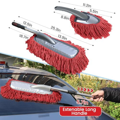 IPELY 2 Pack Large Car Duster Exterior Scratch Free with Extendable Handle and Car Duster Interior, Wax Cotton Hair Dusters (Red)