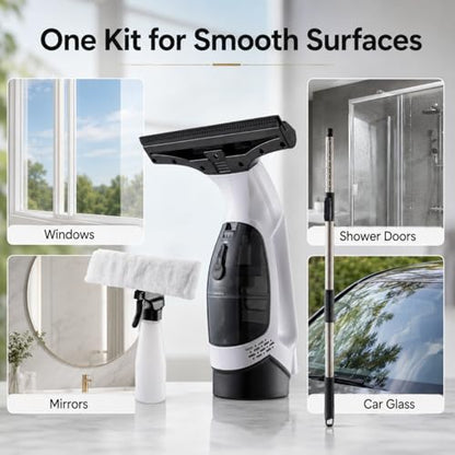 Cordless Window Vacuum Cleaner with Extension Pole, Rechargeable Glass Cleaning Squeegee Kit, 5.07 fl oz Water Tank, Spray Bottle & Microfiber Pad for Windows Shower Doors Mirrors Tiles