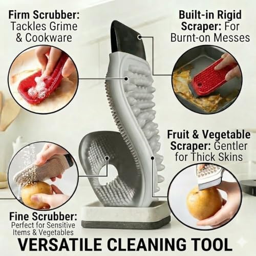 3-in-1 Silicone Dish Sponge - BPA-Free Food-Grade Cleaning Brush with Dual-Sided Scrubber & Scraper, Hanging Hole Fast-Dry Reusable for Dishes/Fruits/Vegetables (Grey 2PCS) - color: Grey 2pcs