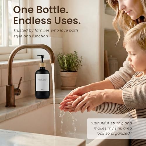MaisoNovo Glass Hand Soap Dispenser | Dish Soap Dispenser for Kitchen | 16.9oz Black Bottles with Black Bamboo Pump | Bathroom Lotion Dispenser - color: Single Black Bottle/Black Bamboo Pump
