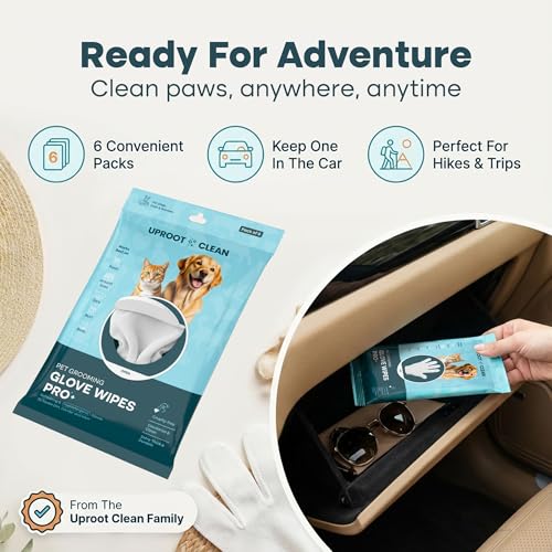 Uproot QuickClean Gloves Pro: 1 Month Supply - Extra-Thick Pet Glove Wipes for Dogs & Cats - Easy Wipe Paws, Eyes, Ears, Butt, & Body - Lick-Safe - Cleaning, Deodorizing & Grooming (6 Pack) - size: 6 Pack
