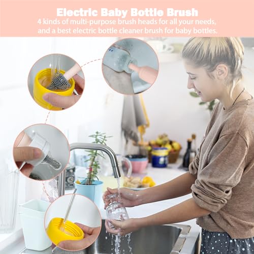 Electric Baby Bottle Brush Set with Rechargeable Electric Bottle Brush Cleaner and Replaceable Silicone Bottle Brushes and Straw Brush Cleaner, Waterproof Multi-Purpose Cleaning Brush(Pink) - color: Pink