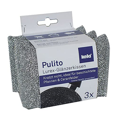 kela Sparkle sponges Pulito 3 Pieces of Polyester in Silver, 12.5 x 8 x 2.5 cm