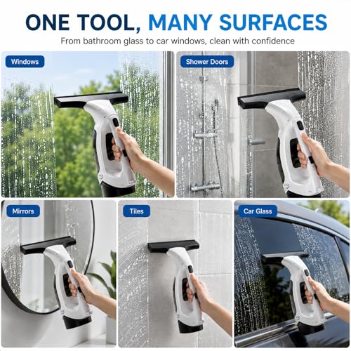 Cordless Window Vacuum Squeegee, Electric Glass Cleaner with Spray Bottle & Microfiber Pad, 2200Pa Suction, 11” Wide Blade for Streak-Free Shower Doors, Mirror, Tile, Car Windows (No Telescopic Rod)