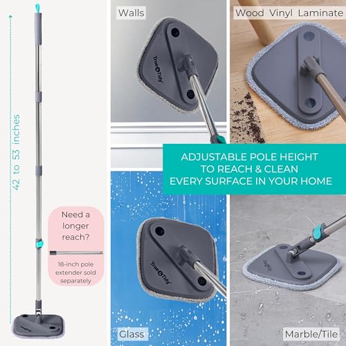 True & Tidy True Clean Spin Mop & Bucket System – Dual Compartment Design for Clean & Dirty Water, 360° Swivel Mop Head, Built-in Scrubbing Brush, Stainless Steel Handle & 2 Reusable Microfiber Pads - size: Spin Mop Standard