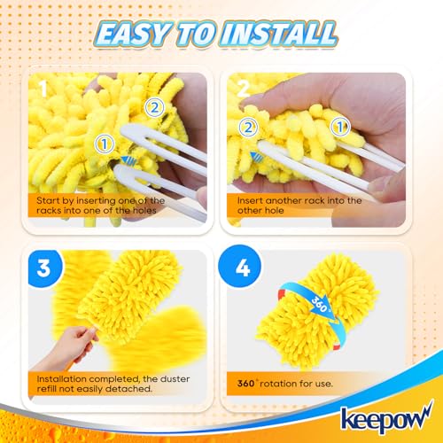 KEEPOW Reusable Duster Refill Compatible with Swiffer Duster Refills, Microfiber Dusters for Cleaning, 4 Color Blue Yellow Orange Green 360° Heavy Duty Duster Refills, 4 Pack(Handle is Not Included)