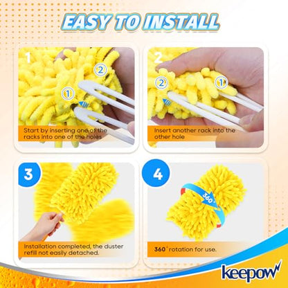 KEEPOW Reusable Duster Refill Compatible with Swiffer Duster Refills, Microfiber Dusters for Cleaning, 4 Color Blue Yellow Orange Green 360° Heavy Duty Duster Refills, 4 Pack(Handle is Not Included)