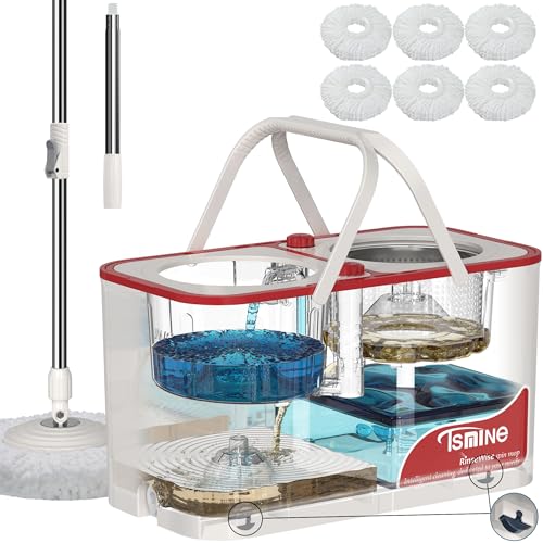 Gen 1 Large-Capacity Spin Mop and Bucket – for Big Homes & Deep Cleaning Days,4-Chamber System Separates Dirty & Clean Water, 2-GAL Heavy-Duty Design with Wheels & 6 Refill Mop Heads - White/Red - size: White/Red+6 Mop Heads