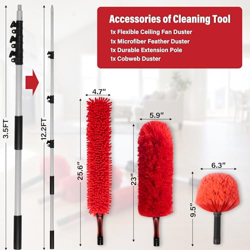12 FT Cobweb Duster with Extension Pole, 20 FT High Reach Ceiling Fan Cleaner Duster for Home, 3.5-12 FT Extendable Pole with 3 Pcs Dusting Tools, Cubweb Brush, Feather Dusters, Ceiling Fan Duster - size: 12 FT