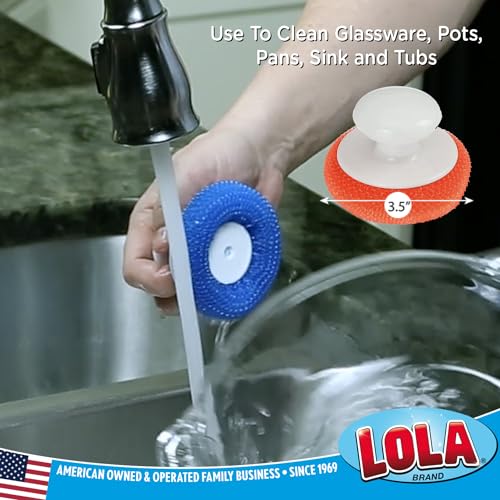 LOLA Plastic Mesh Non-Scratch Scouring Pad, 6 Pack, Hand Saving Comfort Knob, Red, Blue or Yellow It's Random, Clean Pots, Pans, Sinks - size: 6 Pack, style: Standard with knob