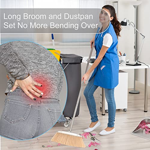 VOOWO Broom and Dustpan Set for Home, Stainless Steel Broom and Dustpan Set with Long Handle, Heavy Duty Dustpan Broom Set Standing Dust Pan Kitchen and Home Indoor Outdoor Broom - color: Silver Broom and Dustpan Set