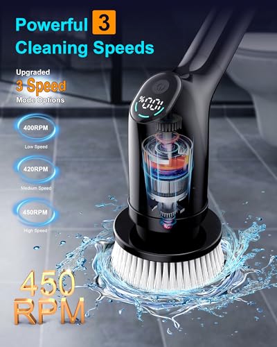 Shower Scrubber with Long Handle for Cleaning Bathroom, Electric Spin Scrubber Cleaning Brush with IPX7 Waterproof & 2Speed, 3Brush Heads, Bathroom Cleaning Supplies for Shower Tub Tile Toilet, Black - color: Black