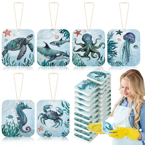 Hahafelt 36 Counts Compressed Cellulose Sponges Bulk Craft Pop up Ocean Pattern Natural Kitchen Compostable Non Scratch Dish Sponges for Washing Dishes, Cleaning Countertop Sink - style: Ocean