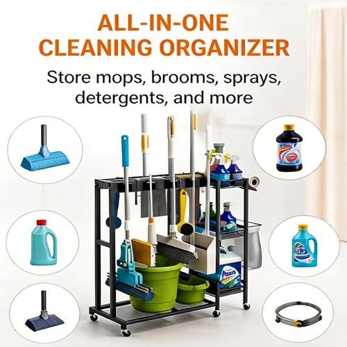 Rolling Cleaning Cart with Wheels, Mop and Broom Holder Organizer, Heavy Duty Utility Cleaning Supply Rack with Storage Shelves & Hooks for Garage, Laundry Room, Kitchen