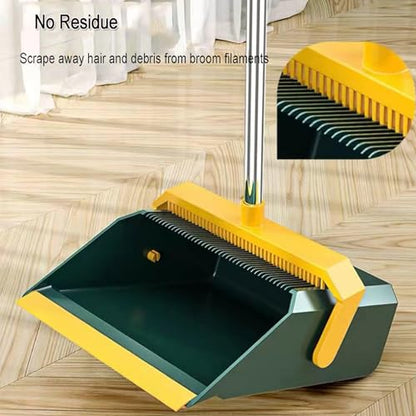 Broom and Dustpan Set, Foldable Standing Soft Bristle Broom and Dustpan Combination Household Broom with Comb Teeth for Home Kitchen Room Office Lobby Floor Use