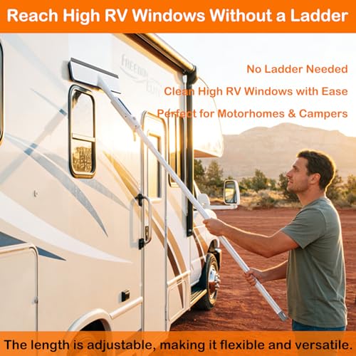 RV Window Cleaning Squeegee with Spray, Max 73.3" Handle, Motorhome & Camper Exterior Glass Cleaner, 3-in-1 Spray Mop for High Windows, Home & Car