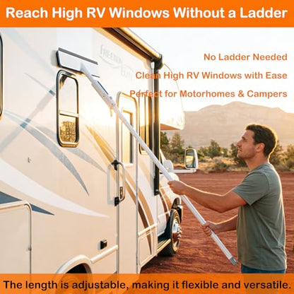 RV Window Cleaning Squeegee with Spray, Max 73.3" Handle, Motorhome & Camper Exterior Glass Cleaner, 3-in-1 Spray Mop for High Windows, Home & Car