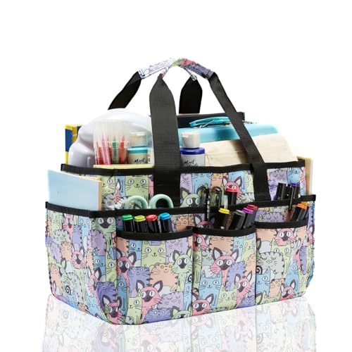 Craft Organizer Tote Bag, Art Organizer, Craft Caddy with Multiple Pockets, Storage Bag for Sewing Tools, Art Supplies, Home and Office (Cat Print) - color: Cat Print