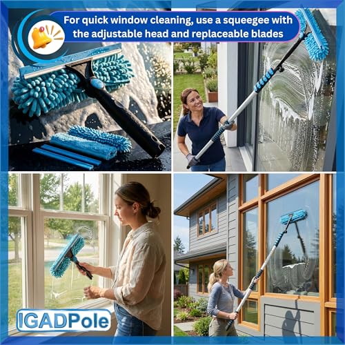 IGADPole 24 FT Water-Fed Washing Kit with Soap-Dispenser, Brush, 10″ Squeegee & Cobweb Duster for Windows, Gutters, Solar Panels & Exterior Walls - size: 24 ft Pole