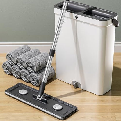 1 Set Flat Mop and Bucket System, Giving Microfiber Washable and Reusable Pads, Dry and Wet Mop for Floor Cleaning, Mop Bucket with Wringer, Suitable for Wooden Floors; Ceramic Tiles; Wall Cleaning