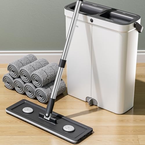 1 Set Flat Mop and Bucket System, Giving Microfiber Washable and Reusable Pads, Dry and Wet Mop for Floor Cleaning, Mop Bucket with Wringer, Suitable for Wooden Floors; Ceramic Tiles; Wall Cleaning