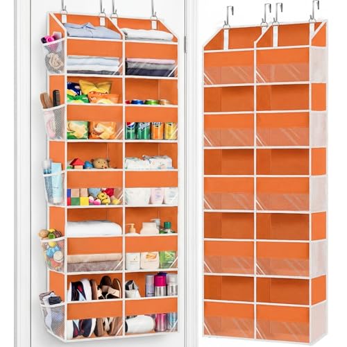 Over The Door Organizer 5 Tiers, Extra Large Behind Door Storage of 10 Compartments, 80 lbs Weight Capacity Hanging Storage Organizer with Clear Window Kids Toys,Shoes,Diapers,Room Storage,Orange - color: Orange