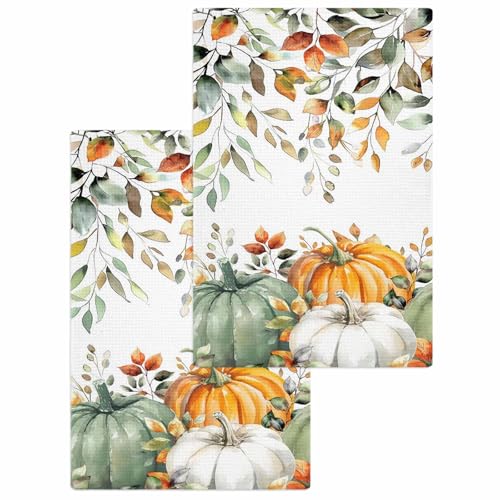 Fall Thanksgiving Pumpkin Eucalyptus Hand Towels Set,Waffle Weave Kitchen Towels 2 Pieces,Sage Green Orange White Microfiber Hair Bath Tea Towel Absorbent Quick Drying Cleaning Dish Cloths,15.7"x23.6" - color: Sage Green Pumpkin Orange White, size: 2PCS,1