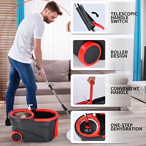 Spin Mop and Bucket with Wringer Set on Wheels, 360° Spinning Mop Bucket System with 3 Microfiber Mop Replacement Heads and 61" Stainless Steel Adjustable Handle for Floor Cleaning (25QT) - color: Black-3
