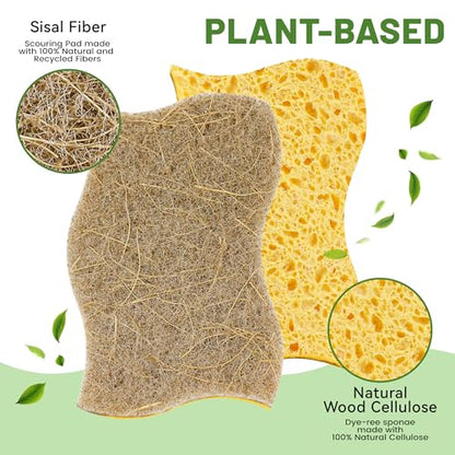 LILAC 12 Pack Natural Cellulose Sponges for Dishes - Non-Scratch Kitchen Scrub Sponges - 100% Biodegradable & Eco-Friendly Cleaning Sponges for Non-Stick Cookware, Bathroom & Household（Yellow） - color: Coconut Brown Yellow