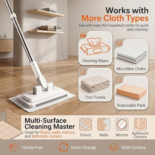 Hands Free Multi Purpose Flat Mop, Hands Free Flat Mop One Click Cloth Change, Hands Free Mops with Reusable Cloths & Mops Hook for Wet Dry Floor Cleaning (43in) - color: 43in
