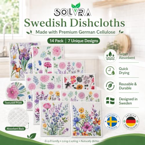 14 PCS Flower Print Swedish Dishcloths for Kitchen 100% Biodegradable, Reusable Cellulose Sponge Cloths Ultra Absorbent, Eco Friendly Cleaning Towels Dishcloths for Washing Dishes & General Cleaning - color: 14 Pcs-flowers Print